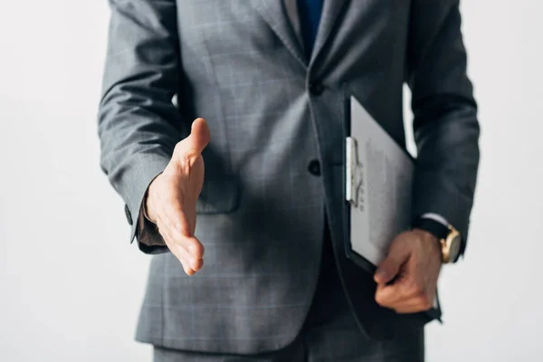 Cropped View Employee Suit Holding Clipboard Pulling Hand Handshake Isolated — Stock Photo, Image