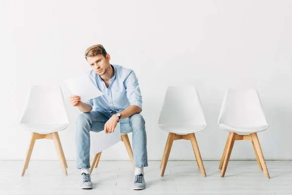 Employee Looking Resume While Waiting Job Interview Office — Stock Photo, Image