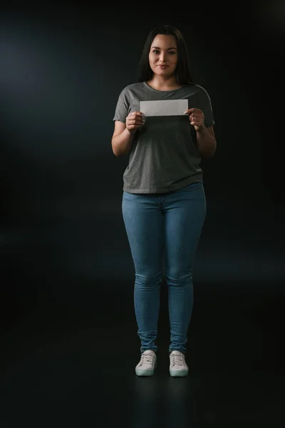 Full Length View Size Beautiful Girl Holding Empty Card Black — Stock Photo, Image