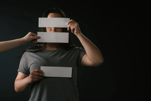 Front View Size Girl Covering Face Empty Cards Copy Space — Stock Photo, Image