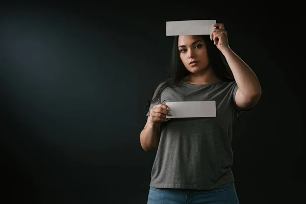 Front View Pretty Size Girl Holding Empty Cards Copy Space — Stock Photo, Image