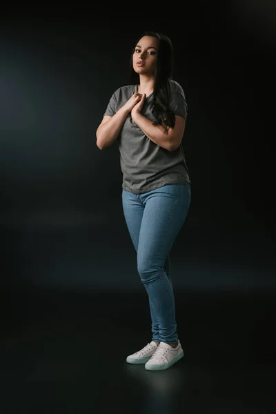 Full Length View Size Girl Praying Hands Gesture Black Background — Stock Photo, Image