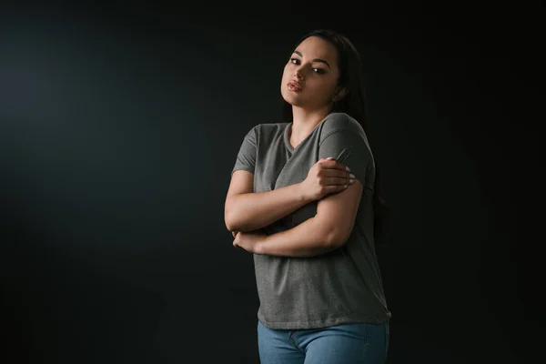 Lonely Size Girl Hugging Herself Black Background — Stock Photo, Image