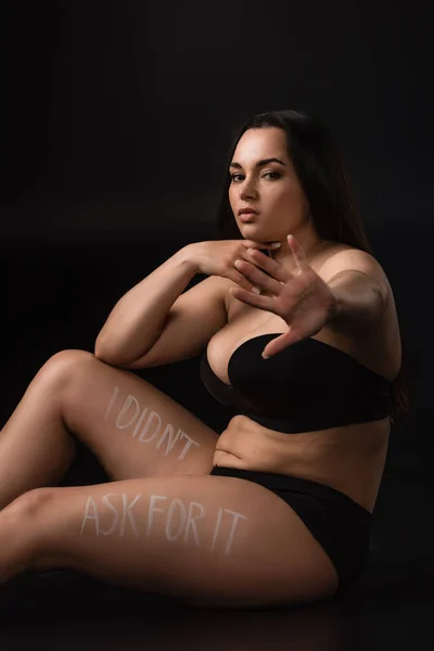 Size Model Underwear Stop Gesture Lettering Did Ask Body Black — Stock Photo, Image