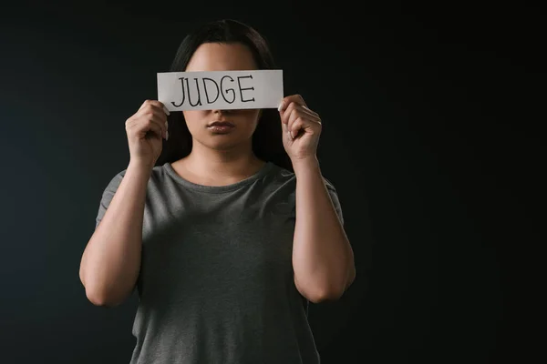 Front View Size Girl Covering Eyes Card Word Judge Black — Stock Photo, Image