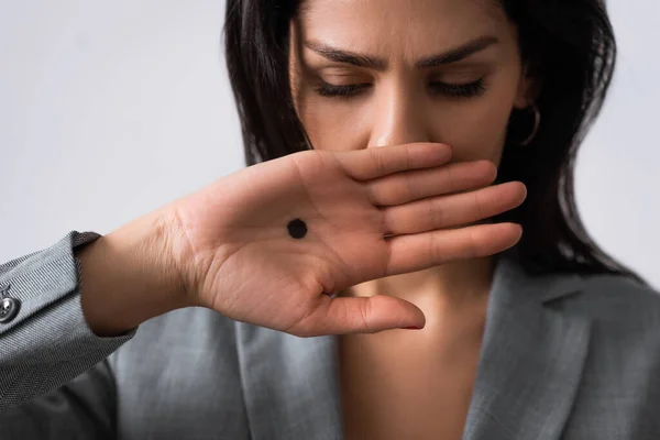 Upset Businesswoman Black Dot Palm Covering Mouth Isolated White Domestic — Stock Photo, Image