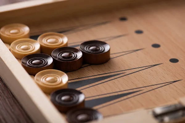 Kyiv Ukraine January 2019 Selective Focus Wooden Checkers Backgammon Board — Stock Photo, Image