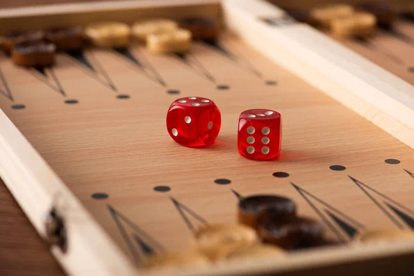 Kyiv Ukraine January 2019 Selective Focus Dice Pair Checkers Backgammon — Stock Photo, Image