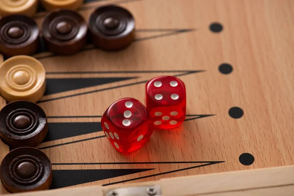 Kyiv Ukraine January 2019 Selective Focus Dice Pair Backgammon Board — Stock Photo, Image