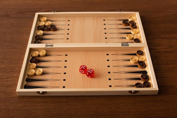 Kyiv Ukraine January 2019 Backgammon Board Checkers Dice Pair Wooden — Stock Photo, Image