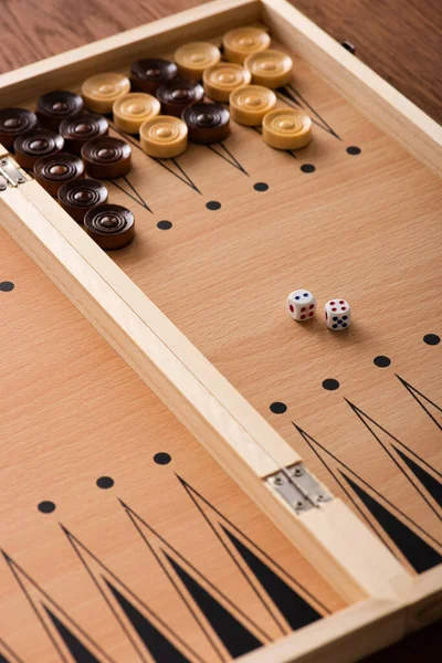 Kyiv Ukraine January 2019 Wooden Backgammon Board Checkers Dice Pair — Stock Photo, Image