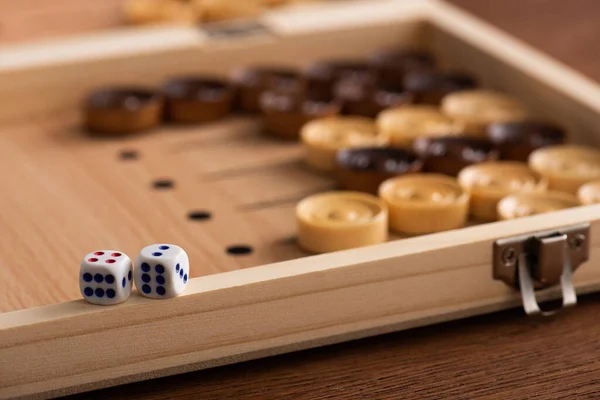 Kyiv Ukraine January 2019 Selective Focus Dice Pair Wooden Backgammon — Stock Photo, Image