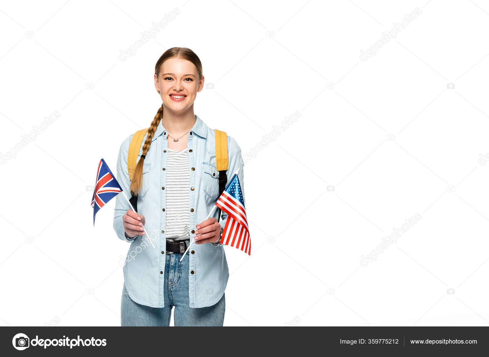 Happy Girl Braid Backpack Holding Flags America United Kingdom Isolated