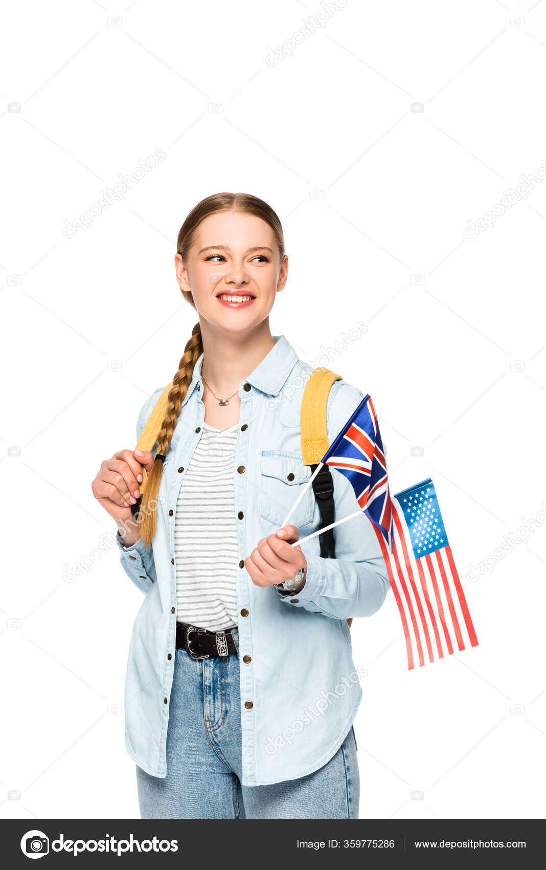 Happy Girl Braid Backpack Holding Flags America United Kingdom Isolated
