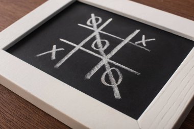 tic tac toe game on chalkboard in white frame with crossed out row of naughts clipart