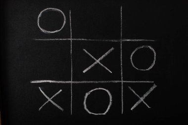 top view of tic tac toe game on blackboard with chalk grid, naughts and crosses  clipart