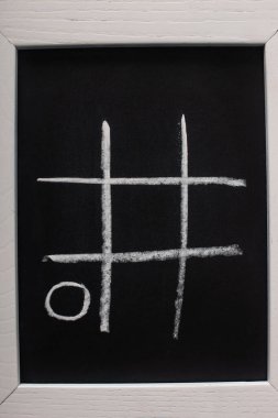 top view of tic tac toe game on blackboard with chalk grid and naught on wooden surface clipart