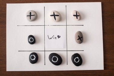Üzerinde hiçbir şey ve haç işaretli çakıl taşları olan beyaz kağıt üzerinde tic tac toe oyununun üst görünümü ve tahta yüzeydeki yazıyı kazanmak
