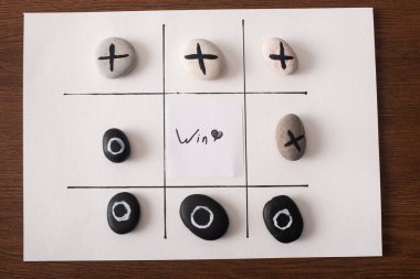 top view of tic tac toe game on white paper with pebbles marked with naught and cross, and win inscription on wooden surface clipart