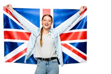 happy pretty girl with braid holding uk flag isolated on white clipart