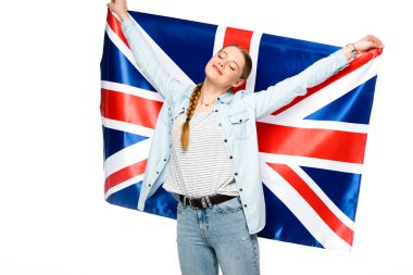 happy pretty girl with braid and closed eyes holding uk flag isolated on white clipart