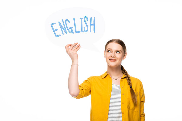 smiling pretty girl with braid holding speech bubble with English lettering isolated on white