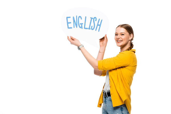 smiling pretty girl with braid holding speech bubble with English lettering isolated on white