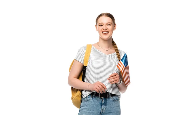 Glücklich Hübsche Studentin Mit Rucksack Und Amerikanischer Flagge Isoliert Auf — Stockfoto