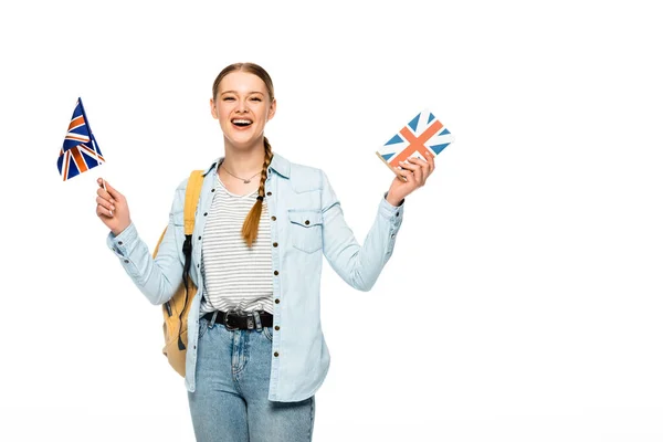 Feliz Estudiante Bonito Con Mochila Celebración Libro Bandera Británica Aislado —  Fotos de Stock