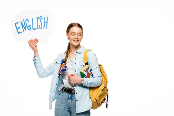 smiling pretty student with backpack holding book, speech bubble with English lettering and British flag isolated on white