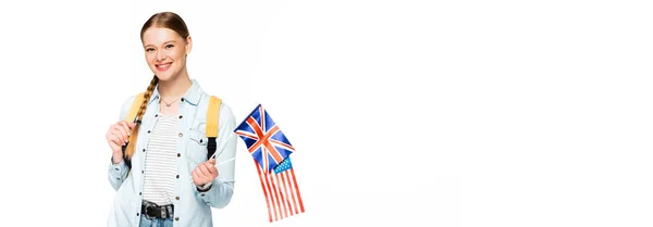 Menina Sorridente Com Trança Mochila Segurando Bandeiras América Reino Unido — Fotografia de Stock