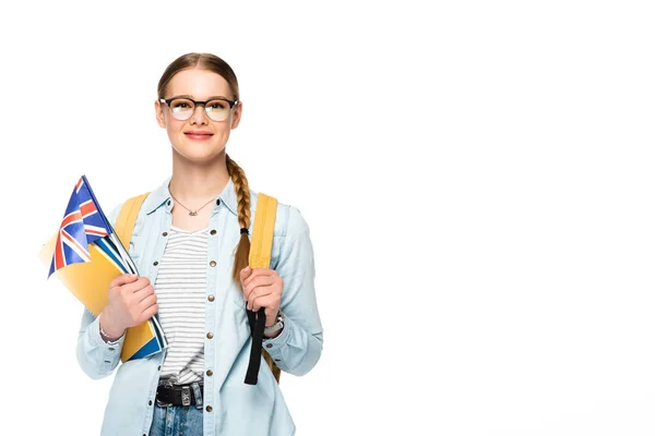 Smiling Girl Glasses Braid Backpack Holding Flag United Kingdom Copybooks — Stock Photo, Image