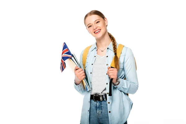 Smiling Girl Braid Backpack Holding Flag United Kingdom Copybooks Isolated — Stock Photo, Image