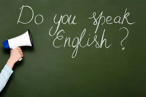 Cropped View Girl Holding Loudspeaker Chalkboard You Speak English Lettering — Stock Photo, Image