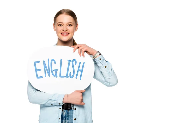 Smiling Girl Braid Holding Speech Bubble English Lettering Isolated White — Stock Photo, Image