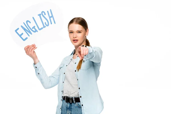 Ragazza Con Treccia Tenendo Bolla Discorso Con Scritte Inglese Indicando — Foto Stock