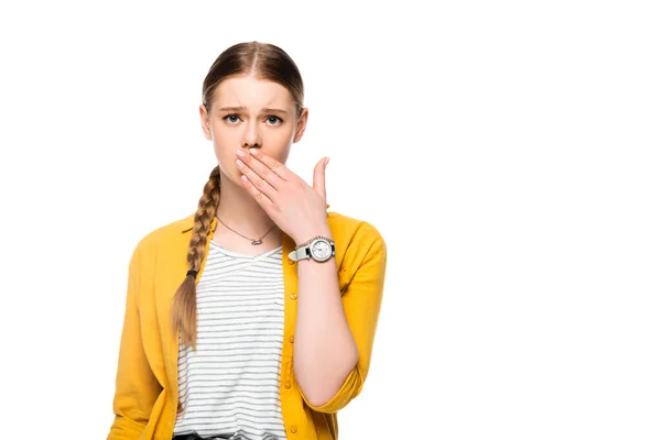 Attractive Girl Braid Covering Mouth Hand Isolated White — Stock Photo, Image