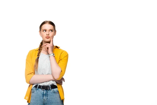 Ragazza Attraente Pensosa Con Treccia Pensare Isolato Bianco — Foto Stock