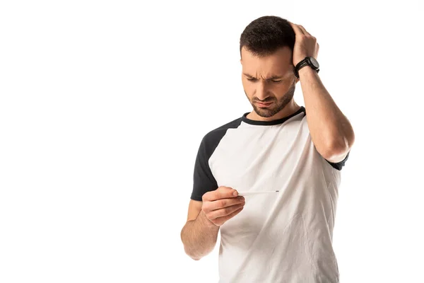 Hombre Enfermo Mirando Termómetro Digital Tocando Cabeza Aislado Blanco —  Fotos de Stock