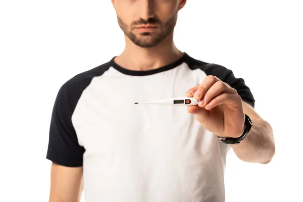 Cropped View Sick Man Holding Digital Thermometer Isolated White — Stock Photo, Image