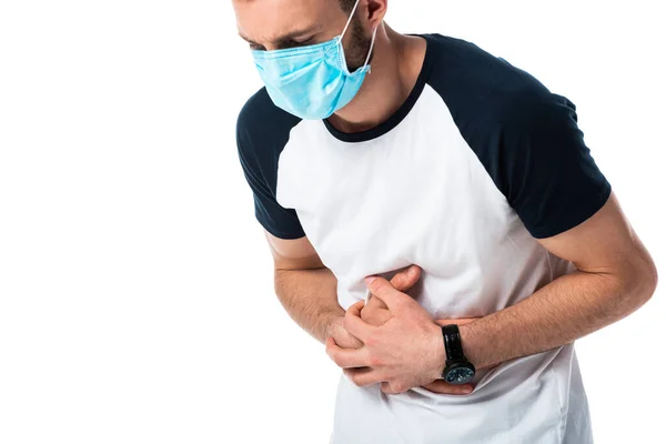 Homem Doente Máscara Médica Tocando Estômago Isolado Branco — Fotografia de Stock