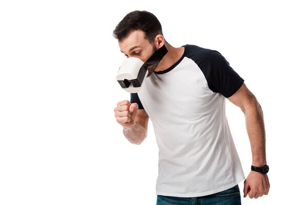 sick man with scotch tape and toilet paper on face coughing isolated on white 