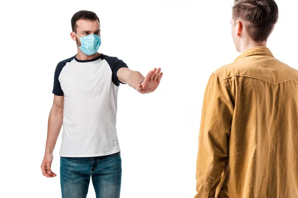 Selective Focus Man Medical Mask Showing Stop Gesture Guy Isolated — Stock Photo, Image