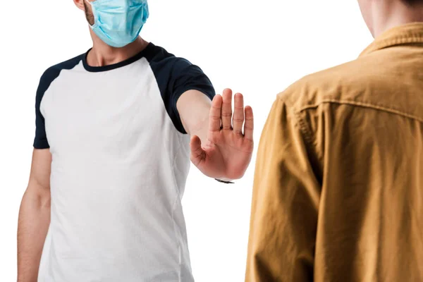 Cropped View Man Medical Mask Showing Stop Gesture Guy Isolated — Stock Photo, Image