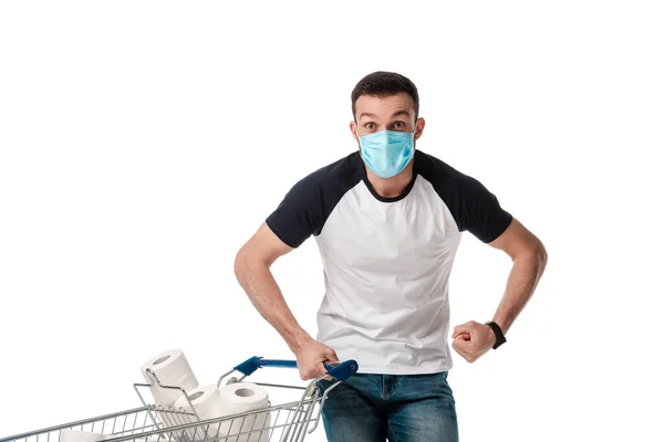 Man Medical Mask Showing Muscles Shopping Cart Toilet Paper Isolated — Stock Photo, Image