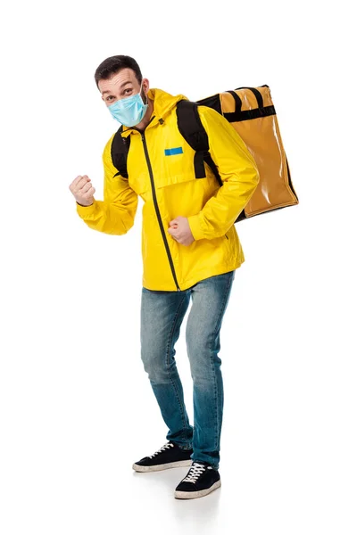 Delivery Man Medical Mask Backpack Order Showing Fists White — Stock Photo, Image