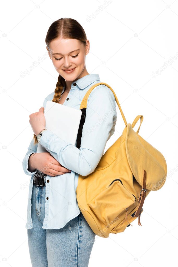 smiling pretty student with backpack and digital tablet isolated on white