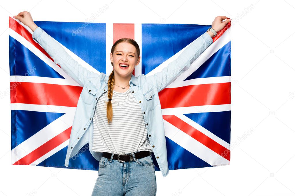 happy pretty girl with braid holding uk flag isolated on white