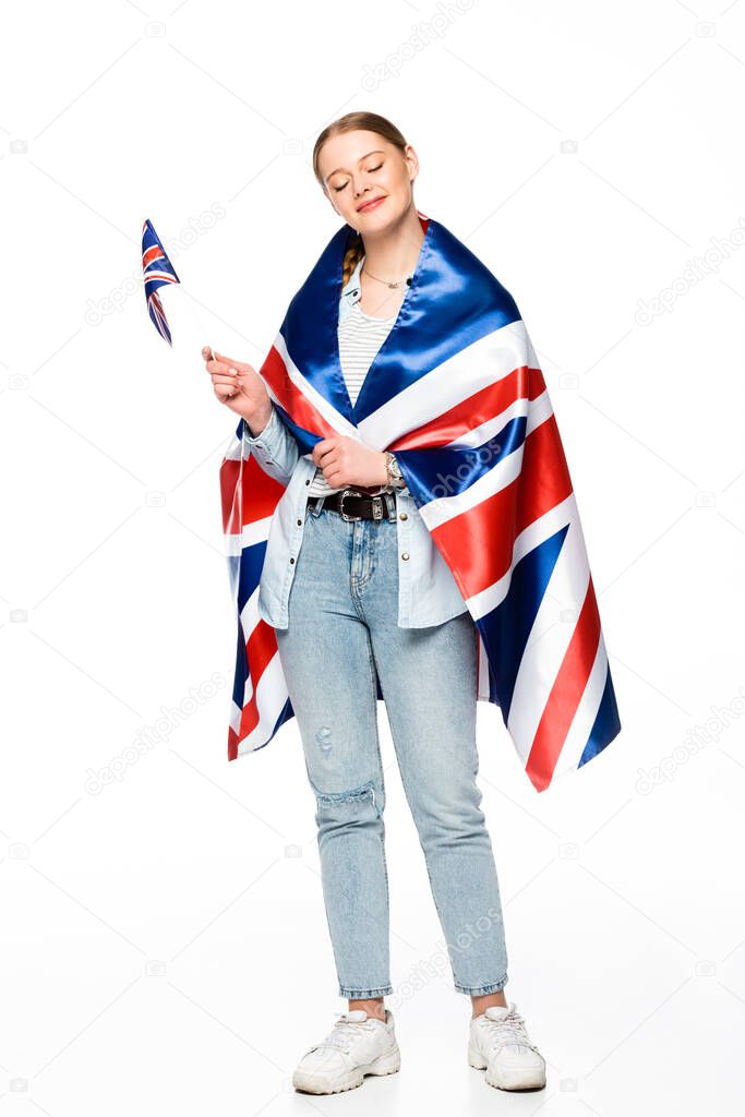 happy pretty girl with braid and uk flags isolated on white