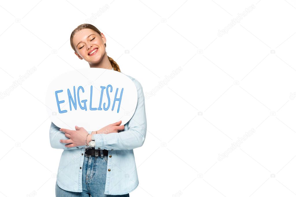 smiling girl with braid and closed eyes holding speech bubble with English lettering isolated on white